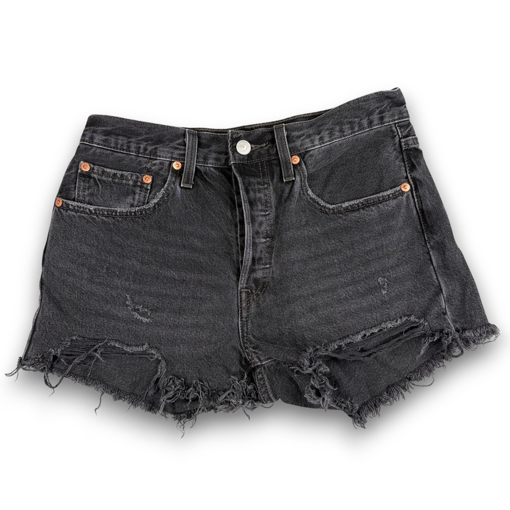 Levi's Denim Shorts Womens 28 Black 501 Button Fly Cut Off Distressed Frayed - Picture 1 of 12